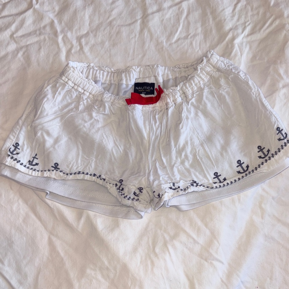 Nautica White Women’s Anchor-Trim Athletic Shorts with Red Waist Tab